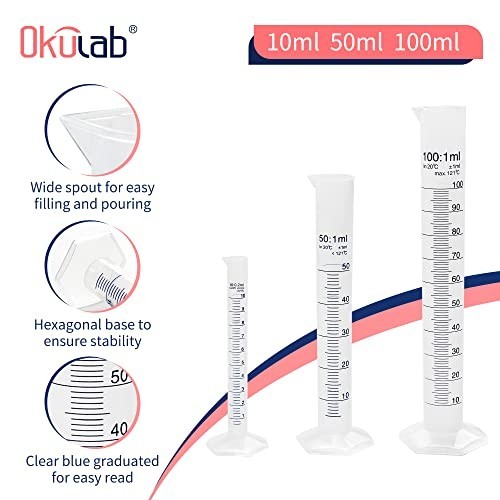 3 Pcs Graduated Cylinder Set - 10ml, 50ml, 100ml, Hexagonal Base, PP Material