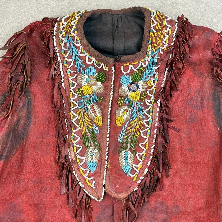1880 - 1920 Handmade Red Leather Beaded Ceremonial Coat Native American Western