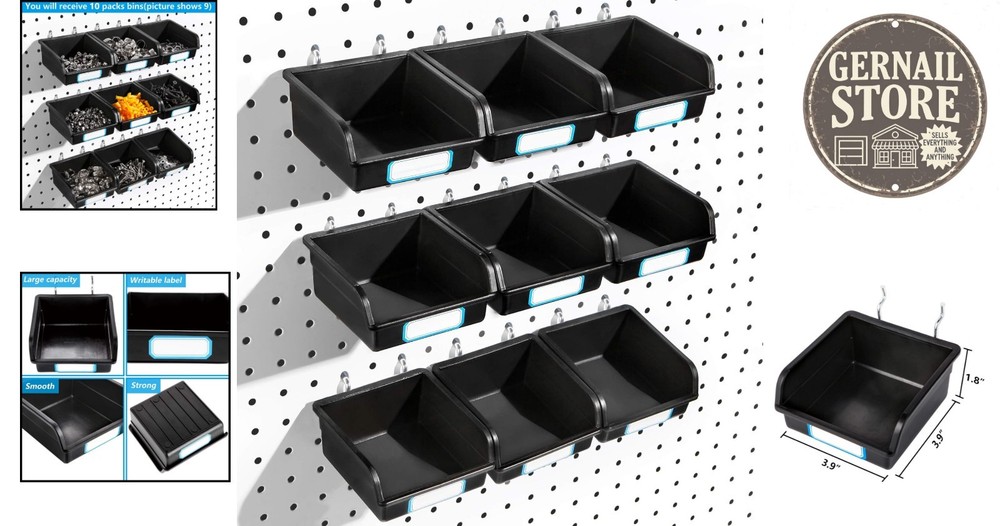 Space-Saving 10-Pack Black Pegboard Bins with Hooks & Labels - Organize Tools