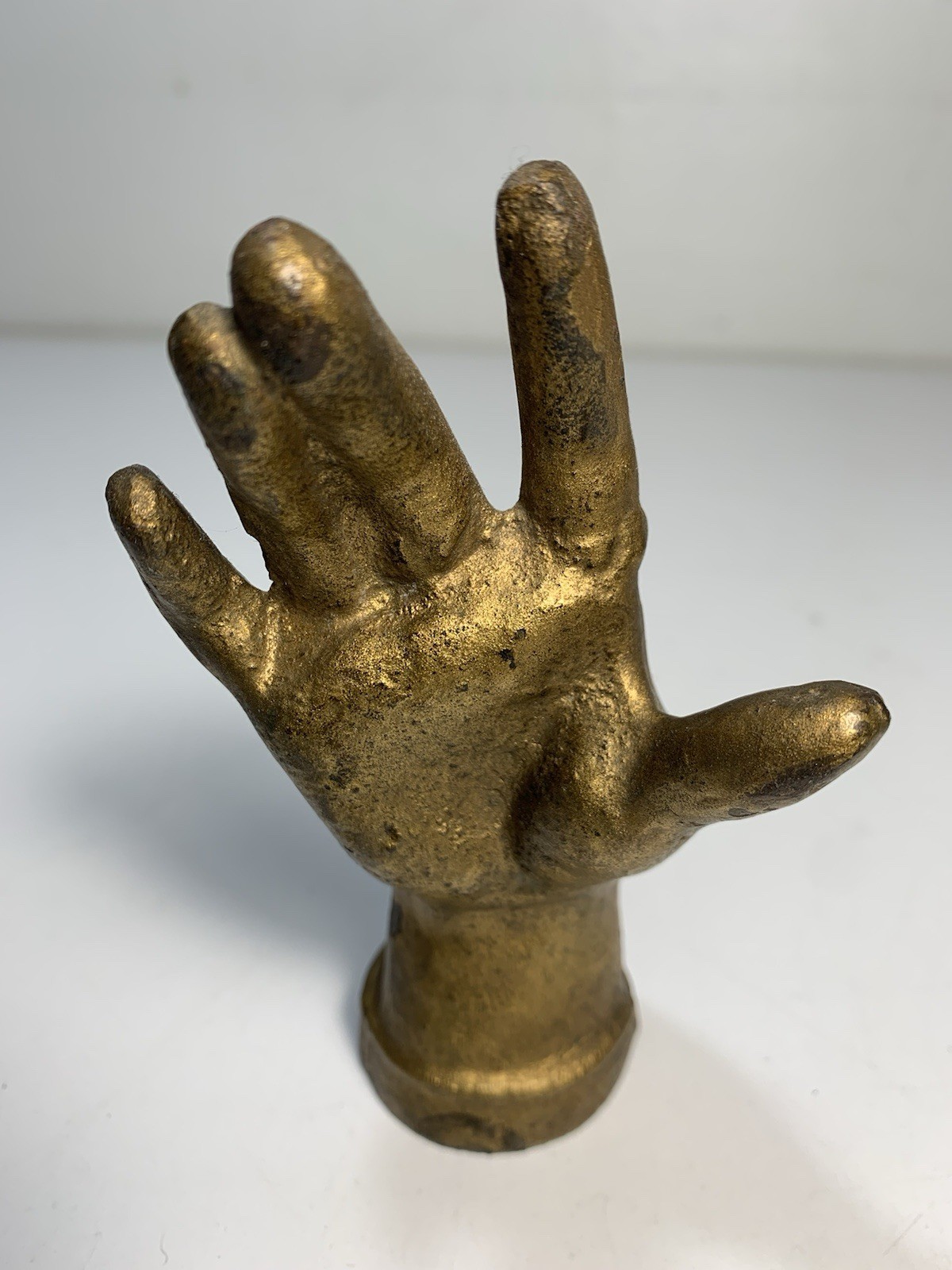Antique Solid Cast Iron Paperweight Figurative Hand Sculpture Gold Gild Vintage