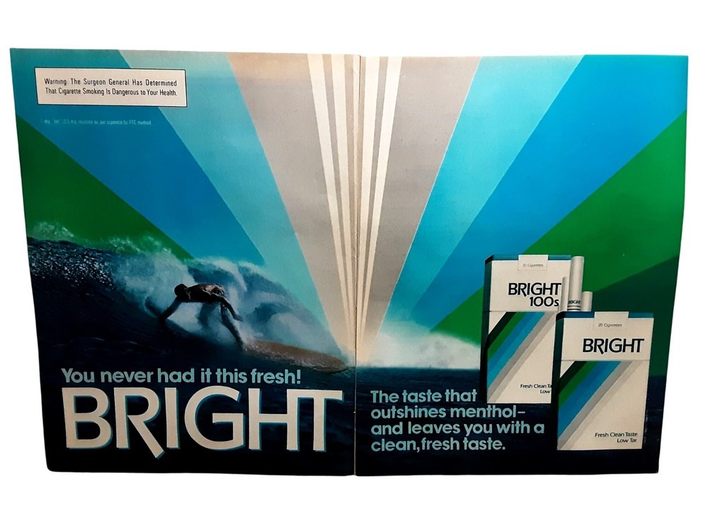 1983 Bright Cigarettes Ad Surfing 2 Page Spread Vintage Print