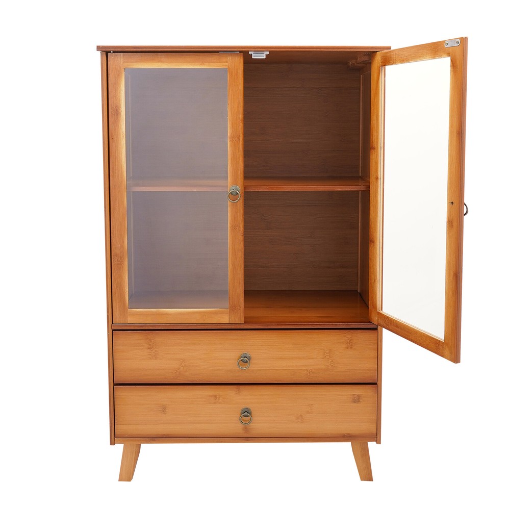 2-Compartments Bamboo Kitchen Sideboard Storage Organizer Cupboard Freestanding