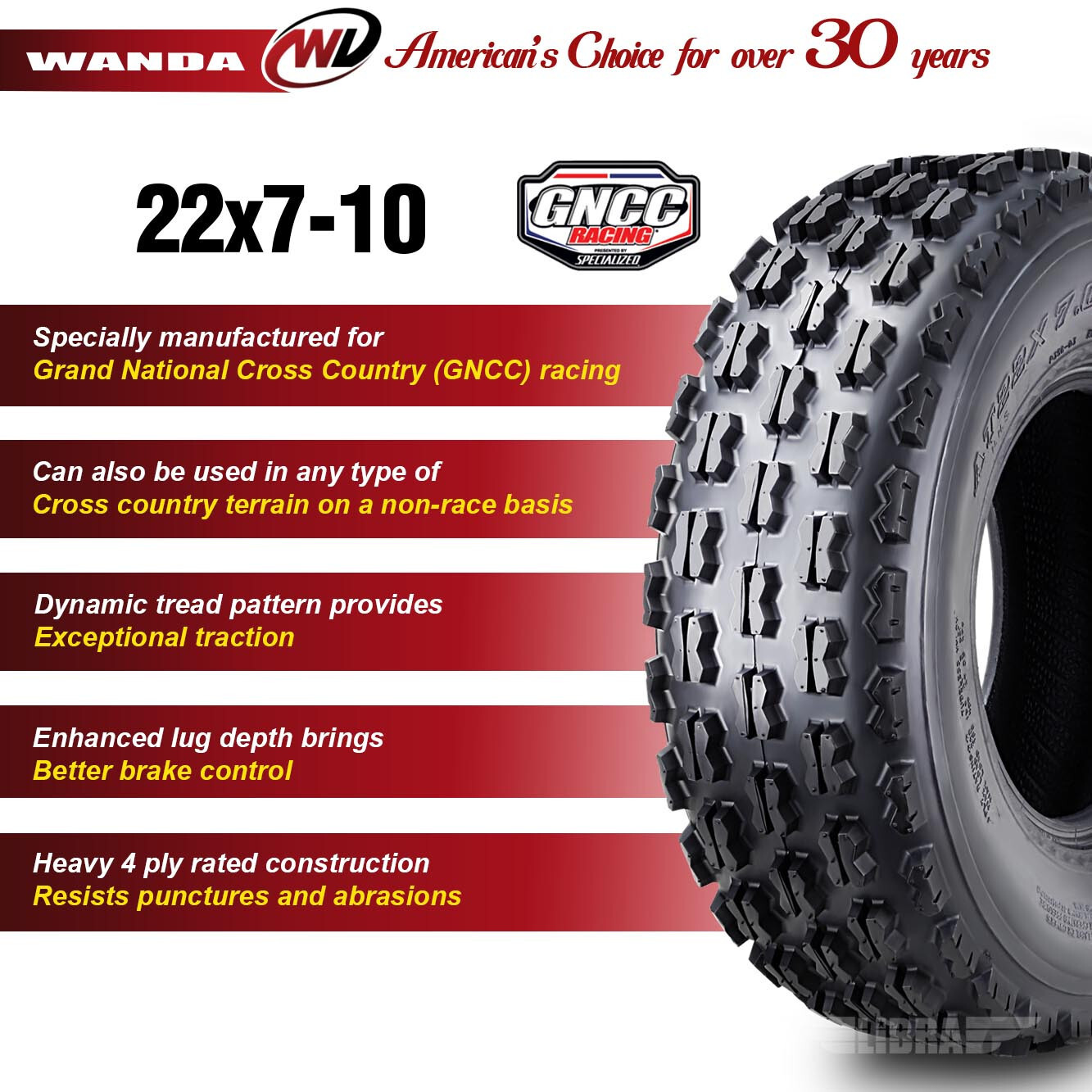 2 ATV Tires 22x7-10 22x7x10 4PR WANDA Sport 22x7.00-10 - GNCC Cross Country Race