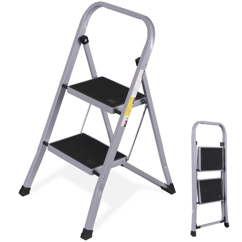 2 Step Ladder Folding Step Stool w/ Soft Grip Handle & Wide Pedal Indoor Gray