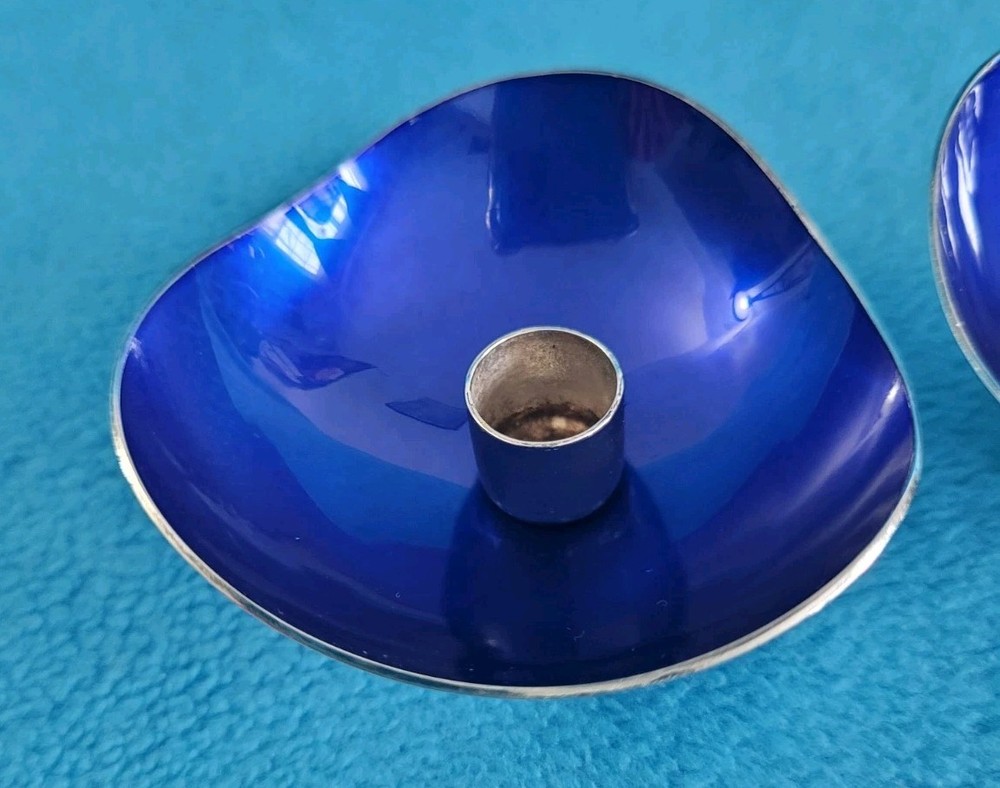 2 Vintage MEKA MADE IN DENMARK Blue Enamel Silver Plated Candleholders
