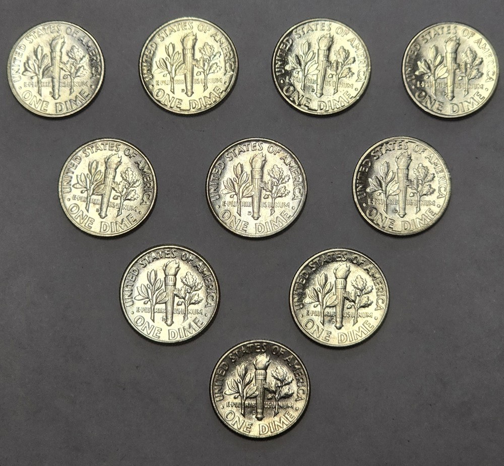 10 × 1955-D Roosevelt Silver Dime Gem BU