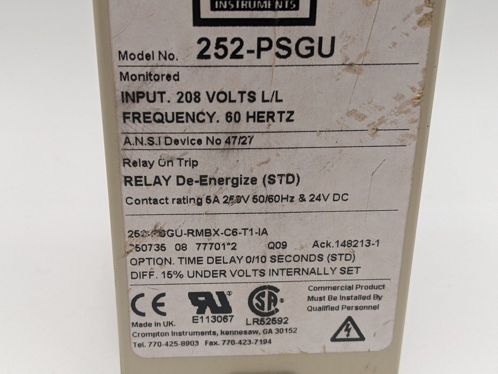Crompton 252-PSGU Time Delay Relay 0-10 Seconds Adjustable 5 Amp 250 VAC 24 VDC