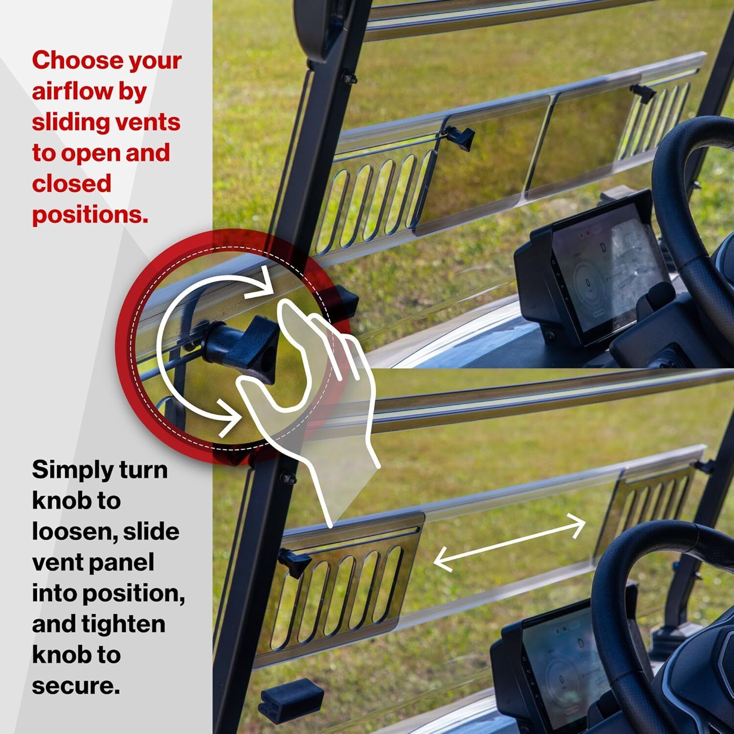 RedDot 1/4" Vented Golf Cart Windshield for Denago EV Rover XL - Tinted