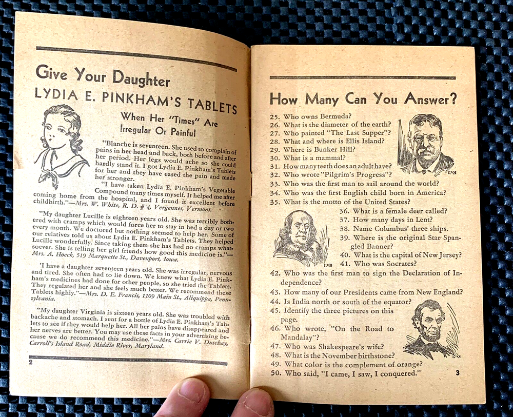 THREE HUNDRED BRAIN TEASERS LYDIA E. PINKHAM'S DEPENDABLE PRODUCTS BOOKLET