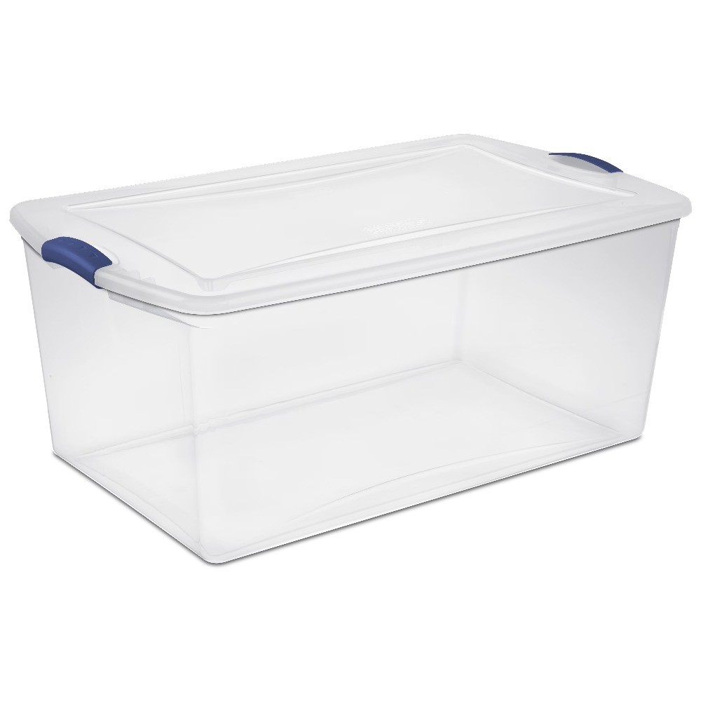 Clear Plastic Storage Bin with Blue Latching Lid 105 Quart Latch Box Container