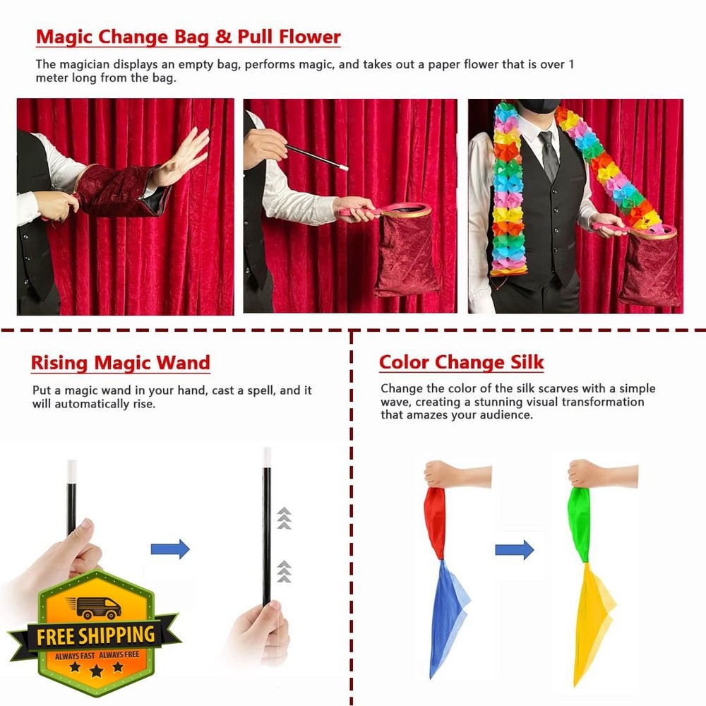 Xfunjoin 6pc Magic Trick Set Stage Performance Beginner Kit Change Bag Silk