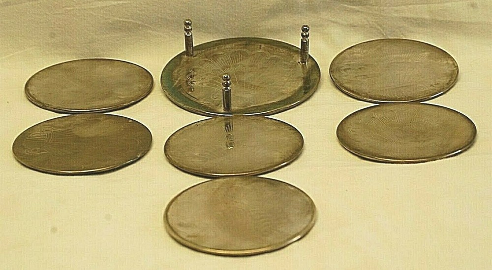Silverplated 6 Etched Drink Coasters & Rack Holder Caddy Shell Deco Fan
