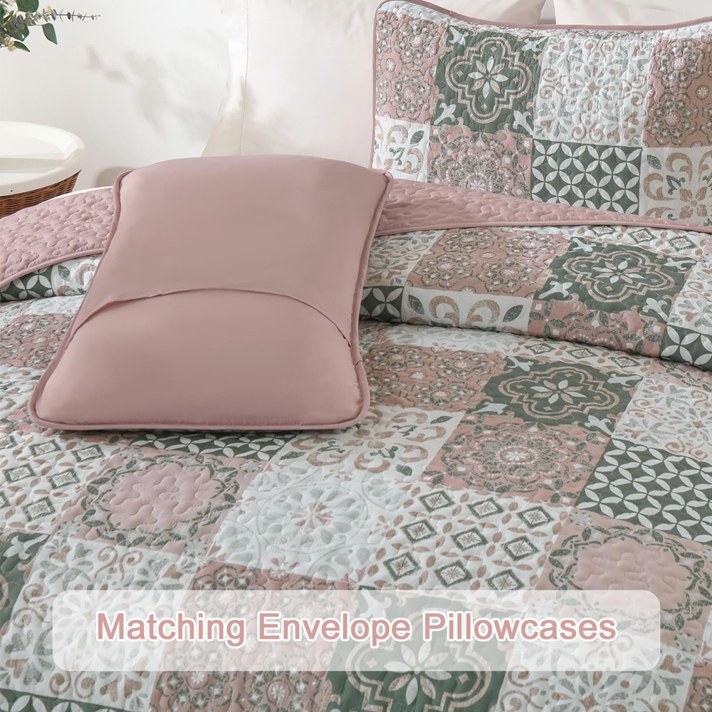 Dobuyly Blush Quilt Set Queen Size, Boho Patchwork Plaid Queen, Pink