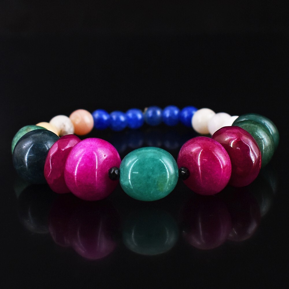 196.00 Cts Ruby, Green Emerald & Mix Gem Beaded Stretchable Bracelet VK 66 E579