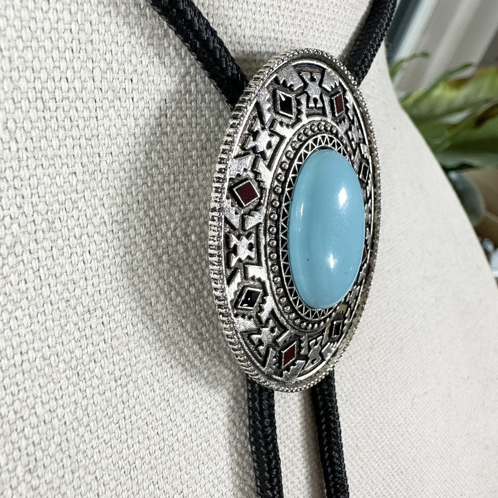 Western Turquoise Silver Tone Bolo Tie