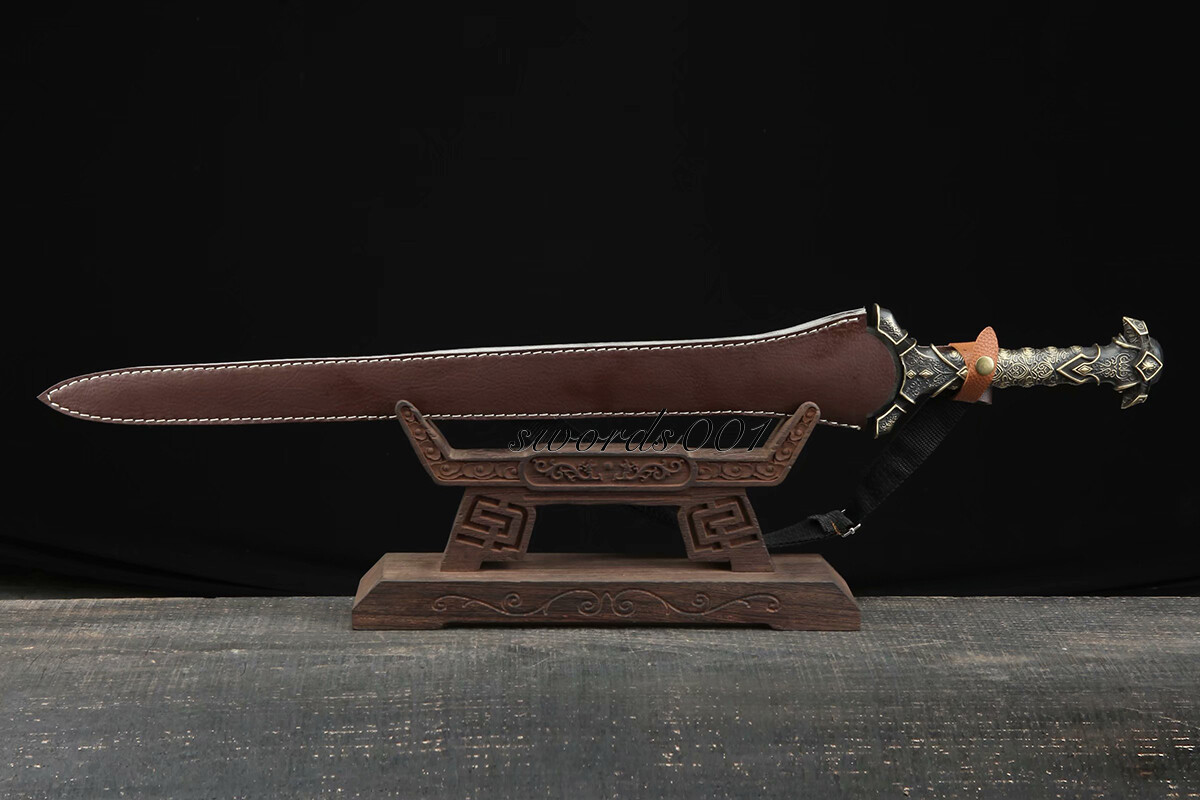 Handmade Brass Handle Short Divine Sword Damascus Steel Blade Leather Sheath