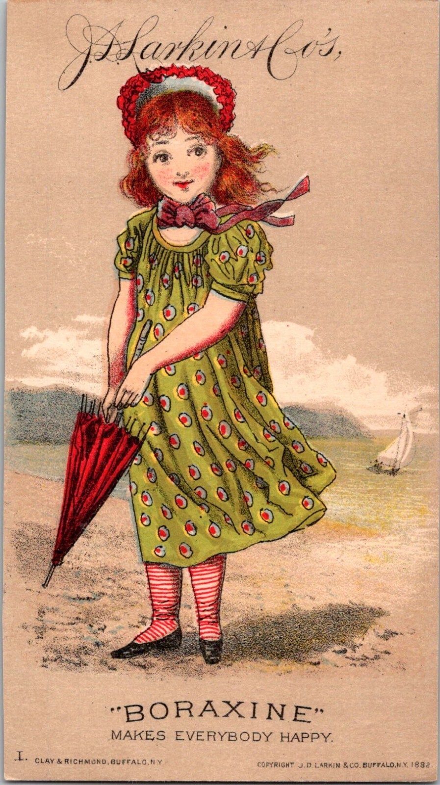1882 J S Larkin & Co BORAXINE Redhead Girl on Beach Victorian Trade Card