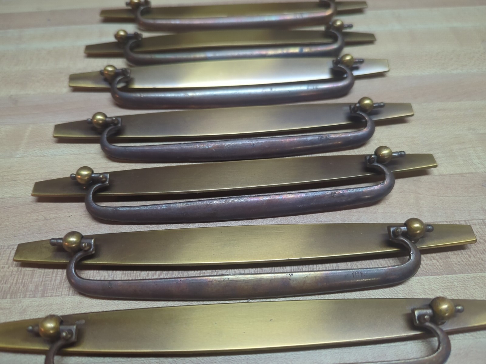 Lot of 8 Vintage Burnished Brass Drawer Pulls, 7.625" Long