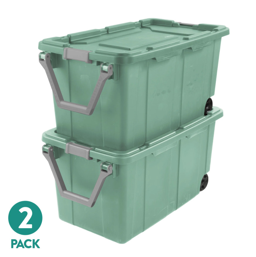 2 Pack Sterilite Extra Large 40 Gallon Plastic Wheeled Storage Bin, Light Green