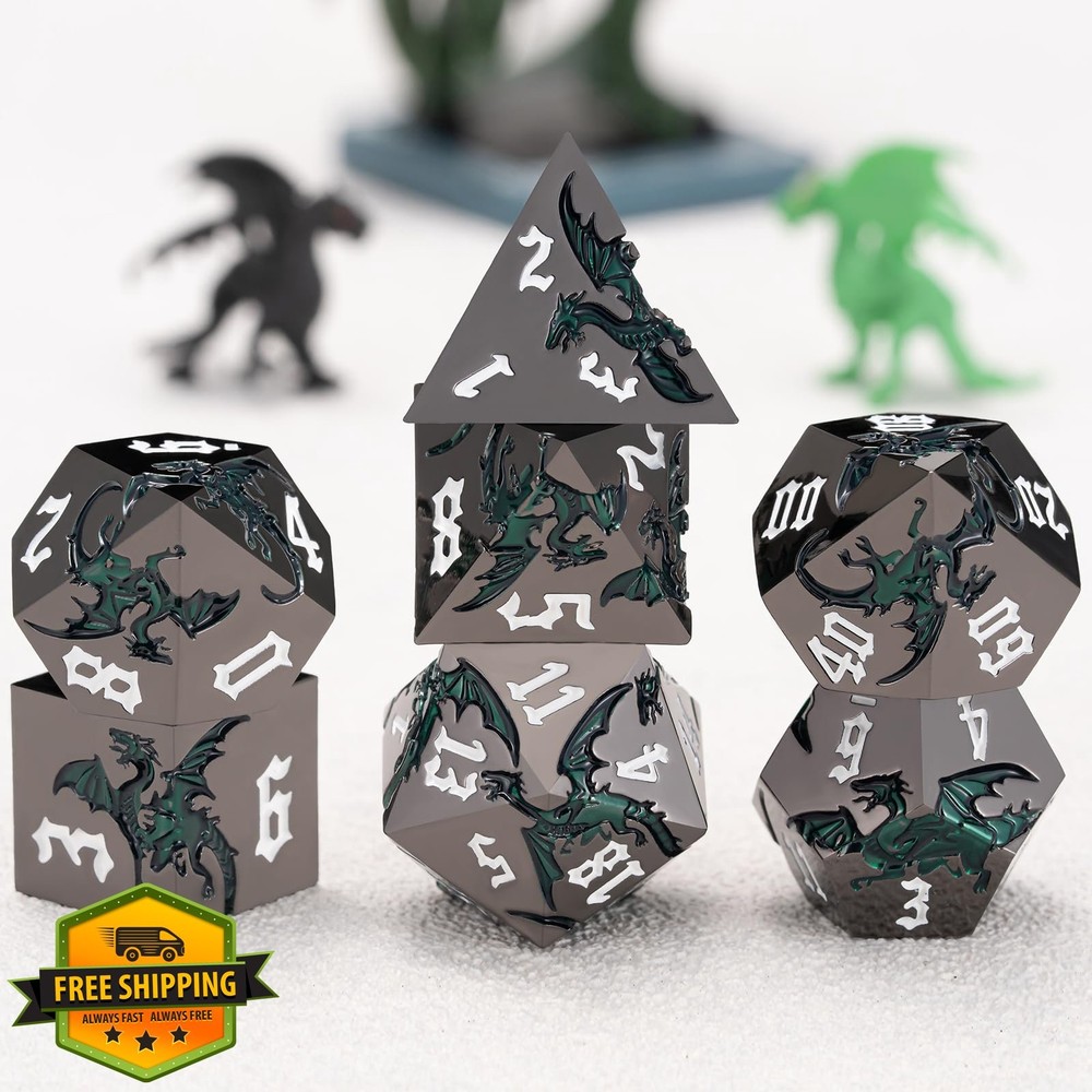 Metal DND Dice Set Sharp Edge Dragon Polyhedral RPG TTRPG 7-Die Case