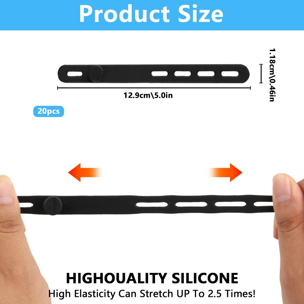 20-Pack Black Silicone Cable Ties Reusable Cable Organizer Straps