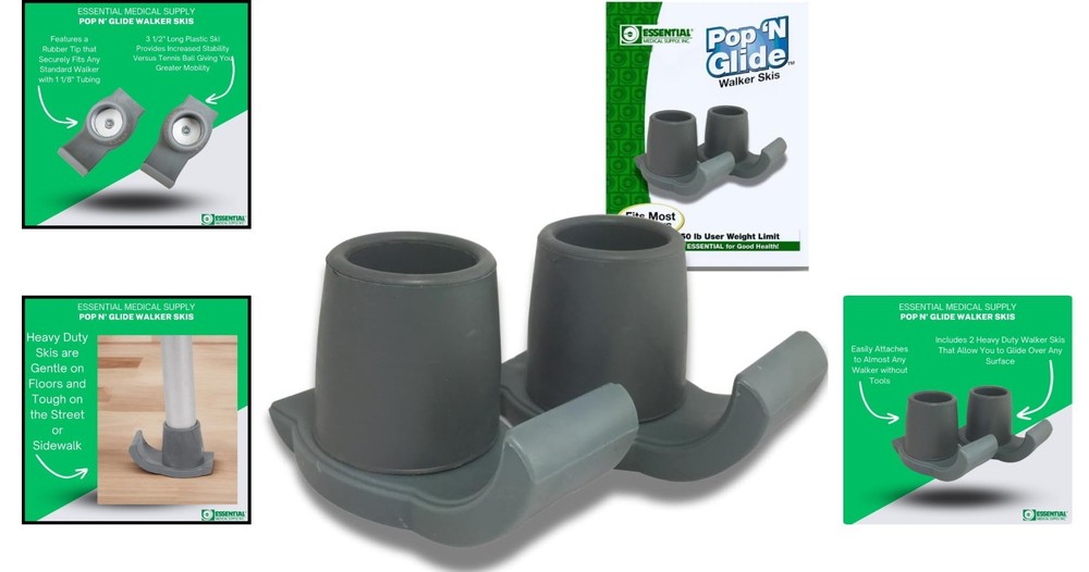 Pop & Glide Easy Use Walker Ski Glides, 2 Pack - Smooth Universal Fit Accessory