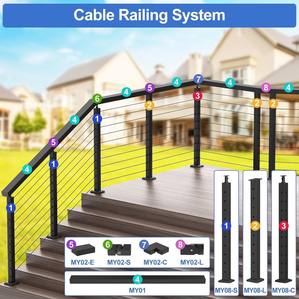 4 to 8FT Complete Set 36" Cable Railing 4 Post Kit(35"x2"x2"),