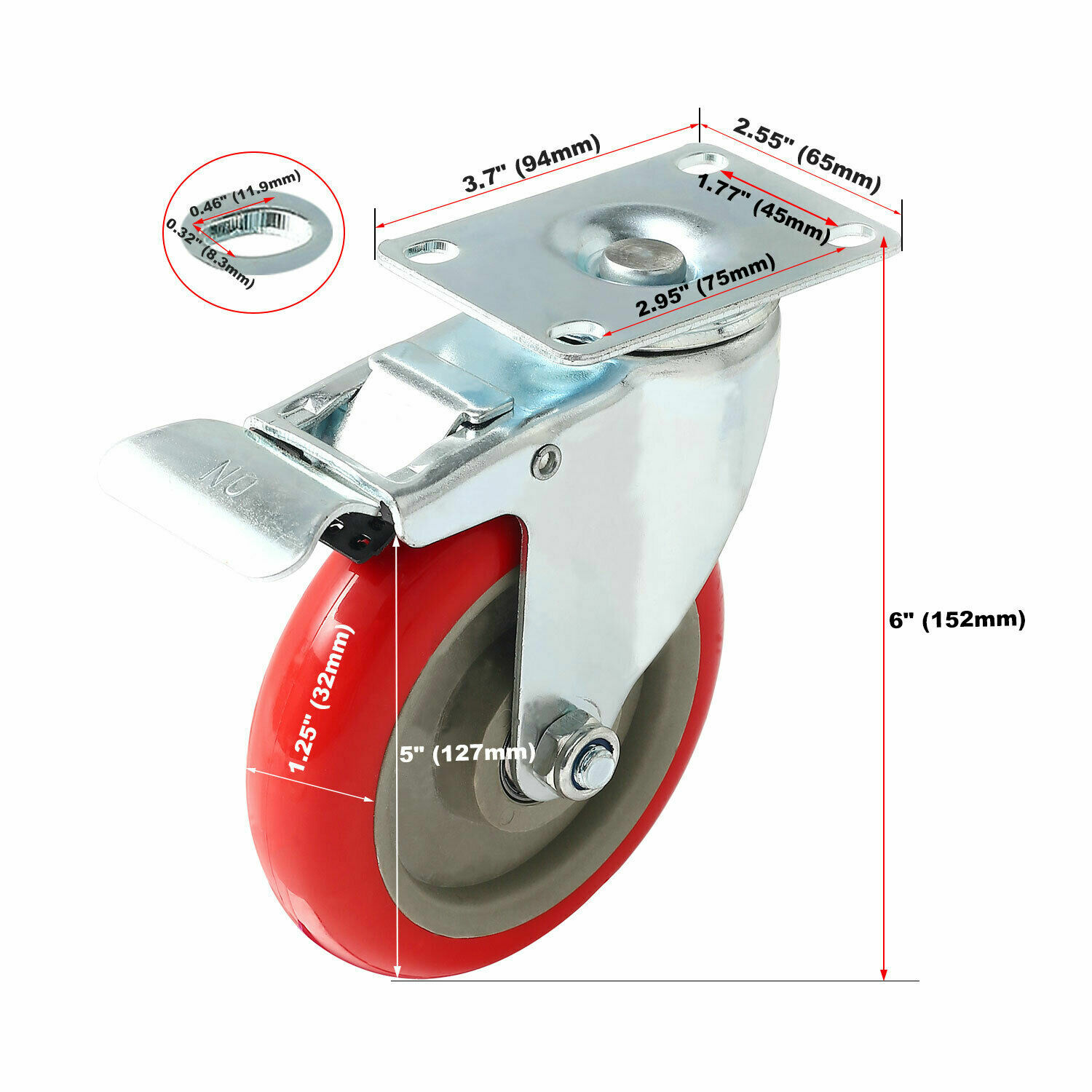 4 Pack 5 Inch Caster Wheels Swivel Plate Total Lock Brake On Red Polyurethane