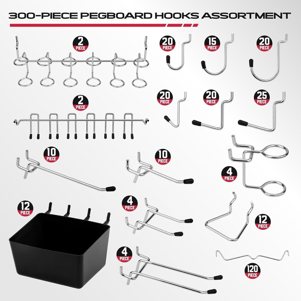 Pegboard Organizer Set 300Pc Hooks Kit for Garage Tools Storage Black