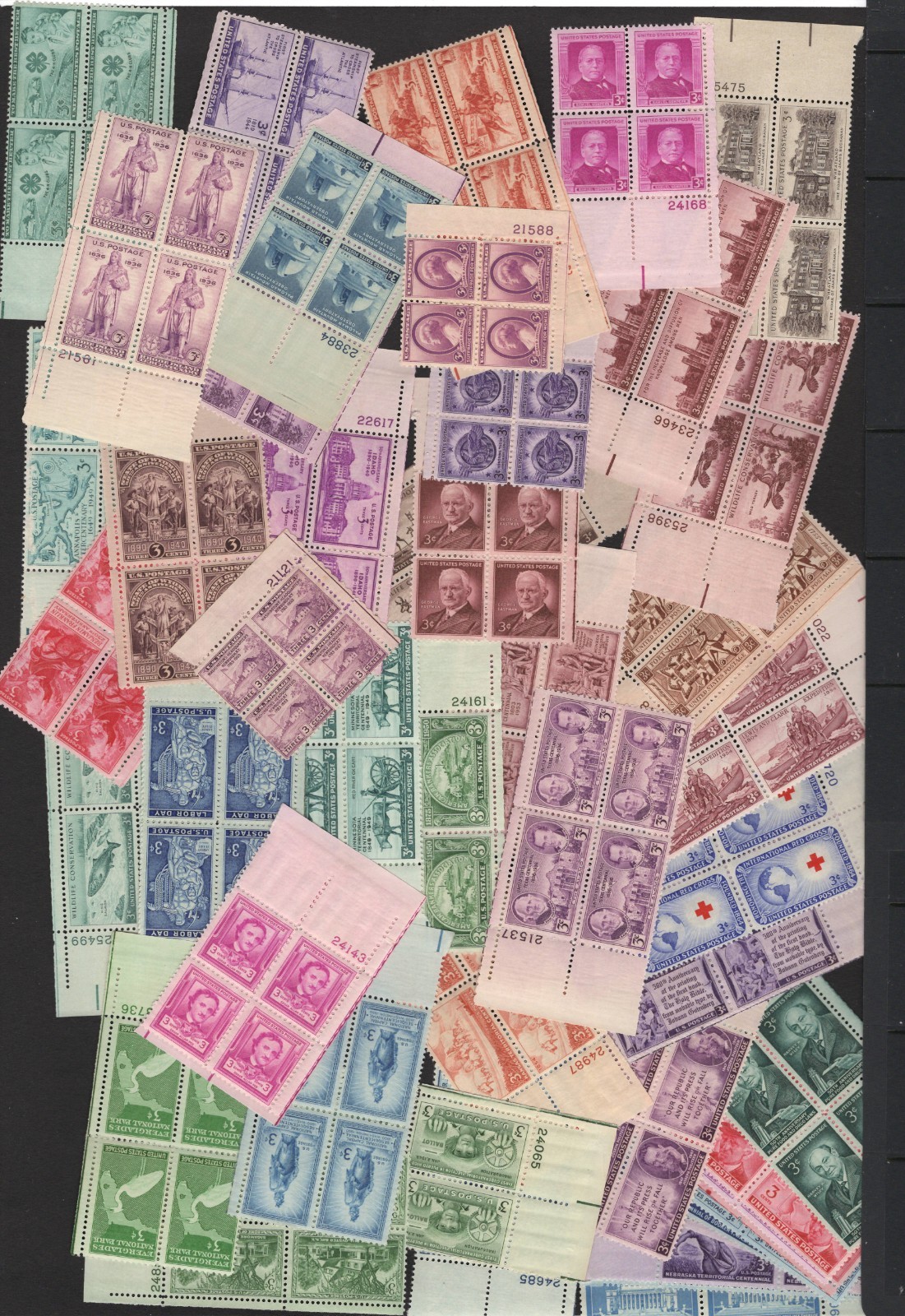 50 different Vintage (1930's-1950's) 3c Plate Blocks Mint, og, NH-Free Shipping