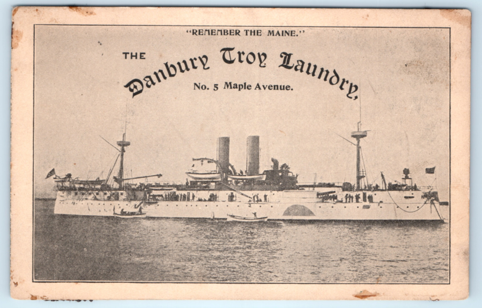 USS Maine Battleship Danbury Troy Laundry Spanish American War Advertising Card