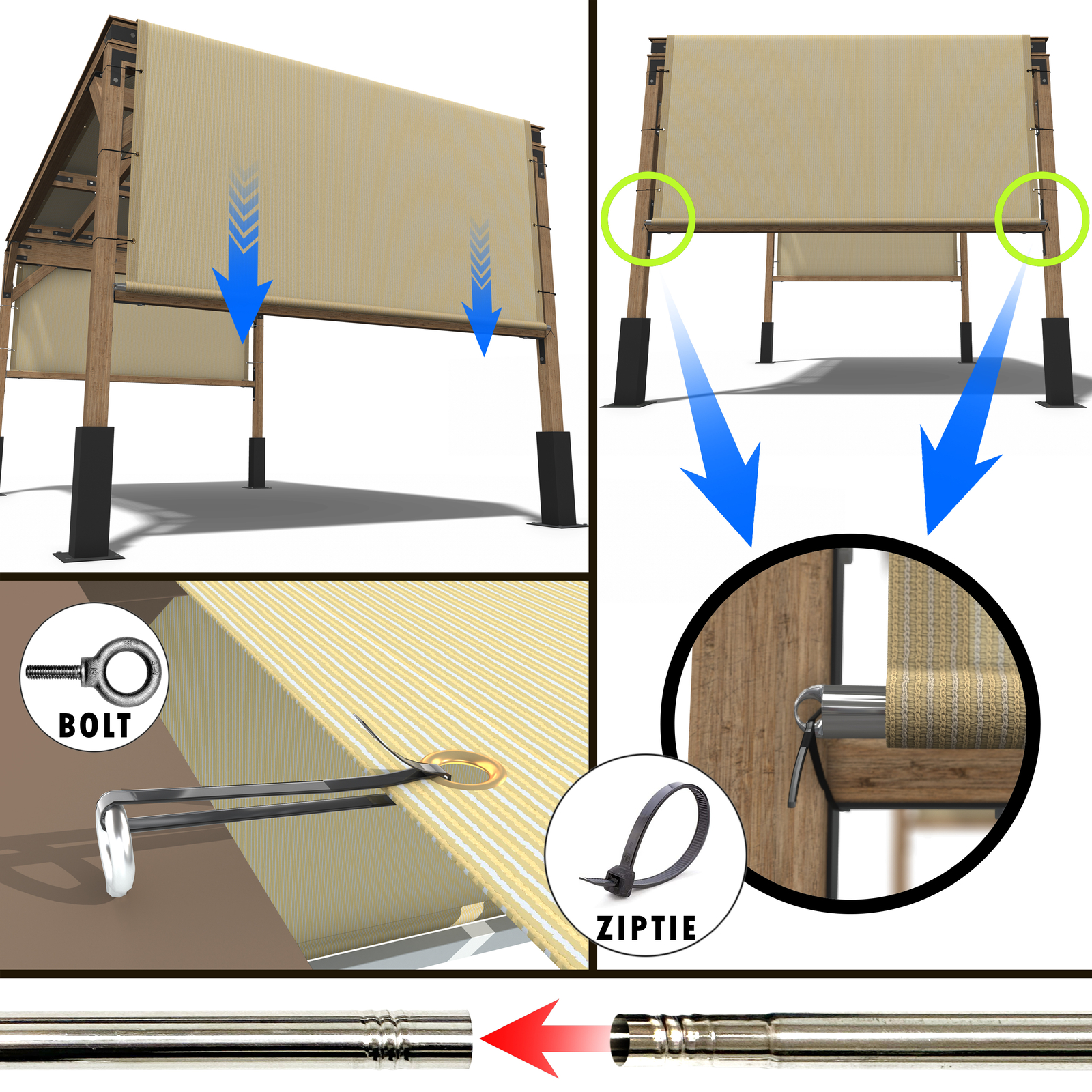 ColourTree Pergola Sun Shade Cover Universal Replacement Canopy w/ Rods, Black
