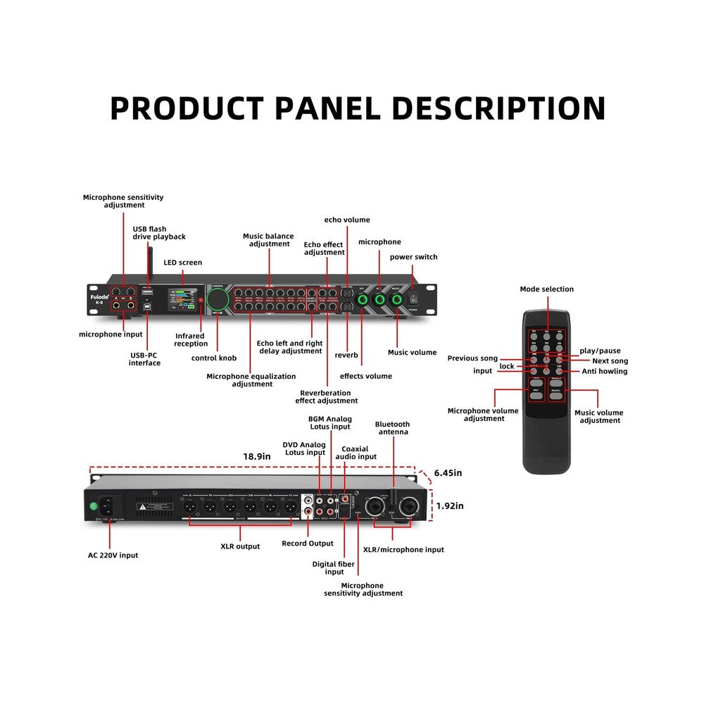K-8 Professional KTV Digital Pre-stage Effector Anti-howling Audio Processor ...