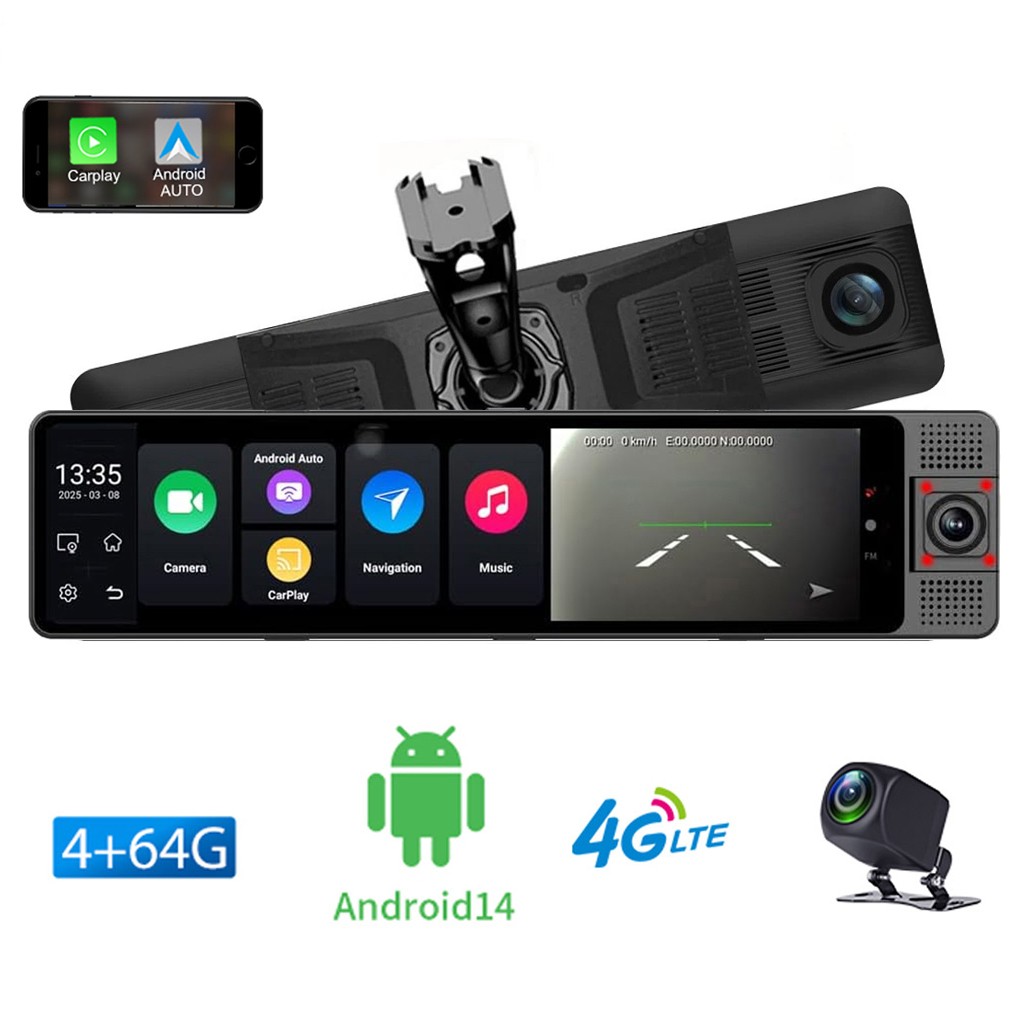 3 Channel 12"Car Rearview Mirror Dash Cam 4G Android 13 GPS Navi Camera Recorder