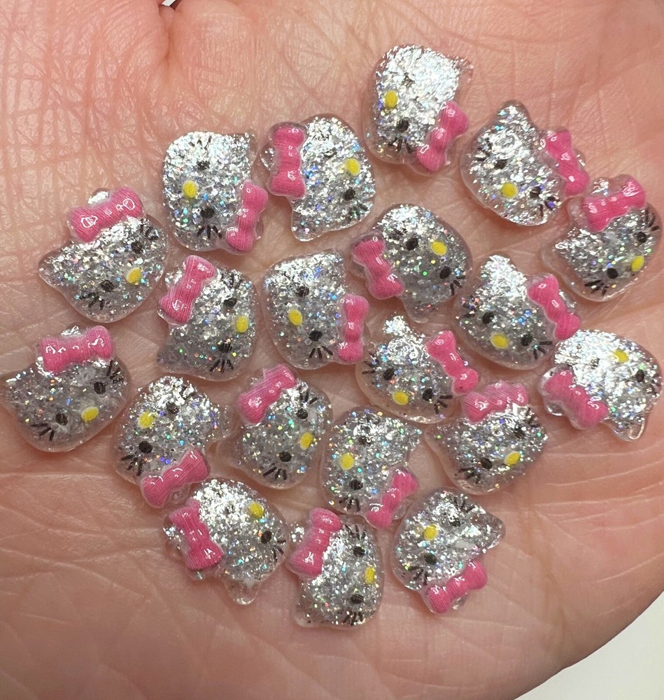 100pcs Hello Kitty Head Nail Charms Silver Glitter