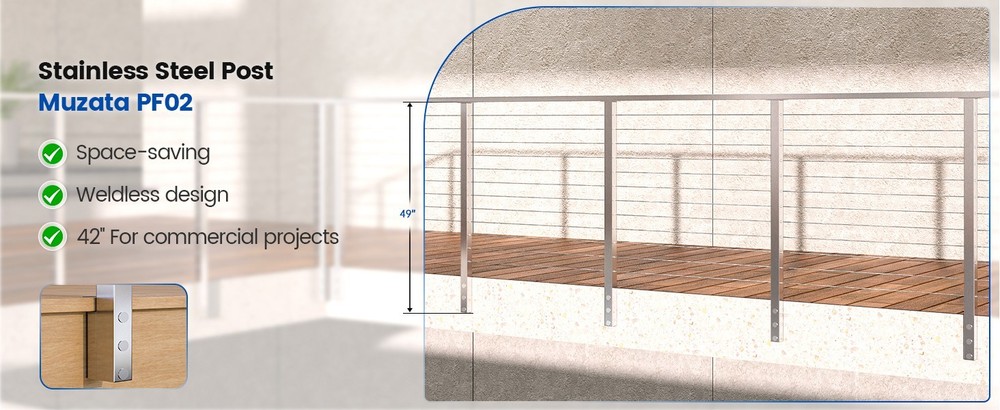 42" Side Mount Cable Railing Post Level Drilled Space-Saving Brushed Stainless