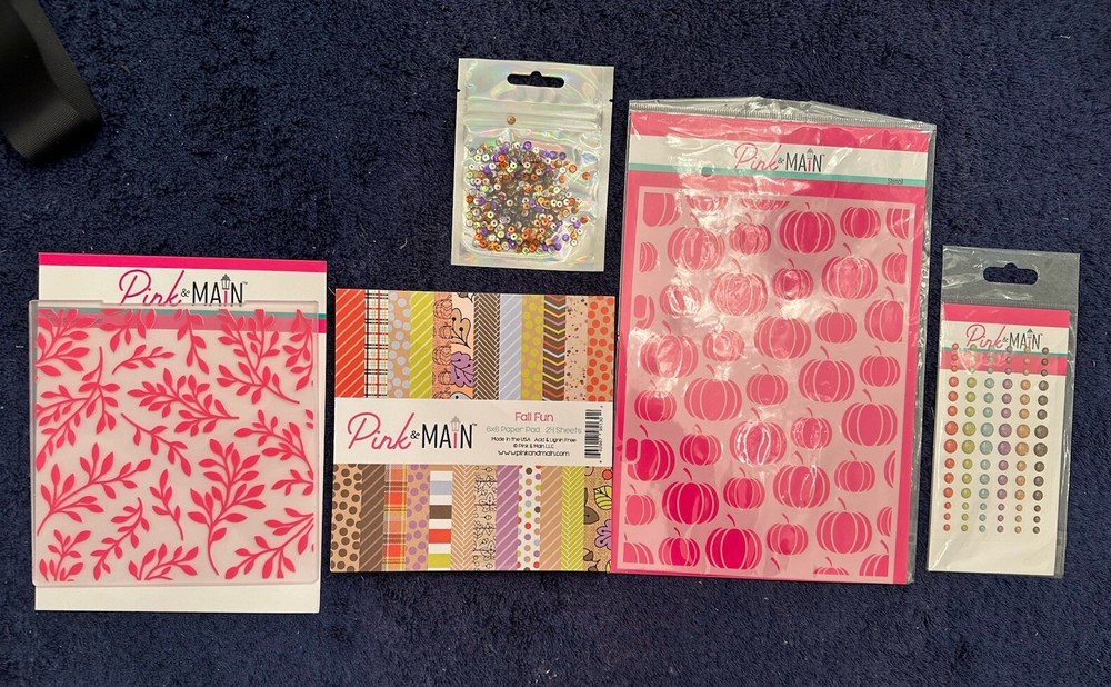 Pink & Main Embossing Folder, Enamel Dots, Sequins, Stencil And Paper Pad
