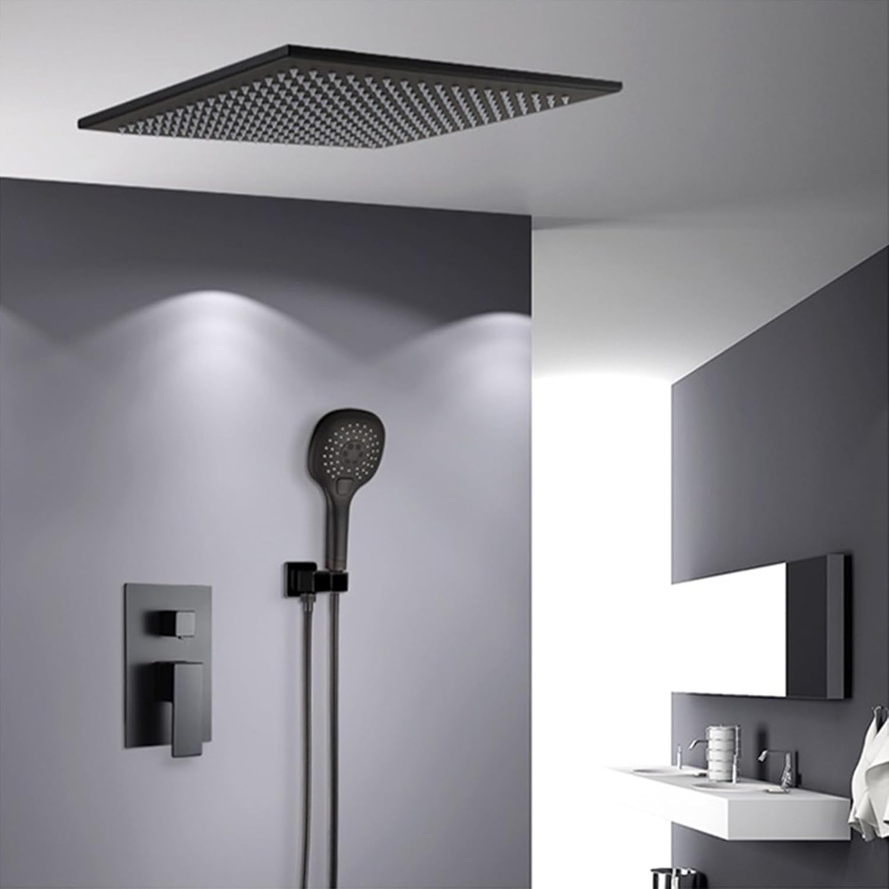 Matte Black LED Rain Shower Head - 2-Function Square Stainless Steel Ceiling Mou