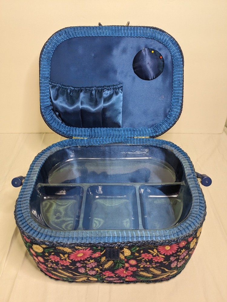 Sewing Basket Rectangular Floral Padded Cloth with Handle Navy Blue Pink Gold
