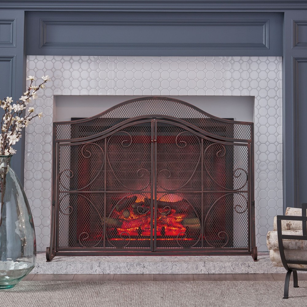 Vintage Fireplace Screen with Doors Traditional Scroll Metal Single Panel Screen