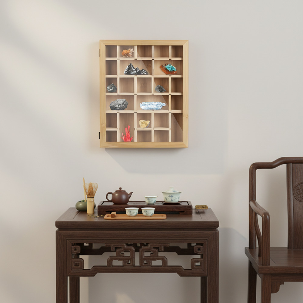 30-Grid Wooden Display Box for Crystals Rocks Minerals Collectibles Adjustable