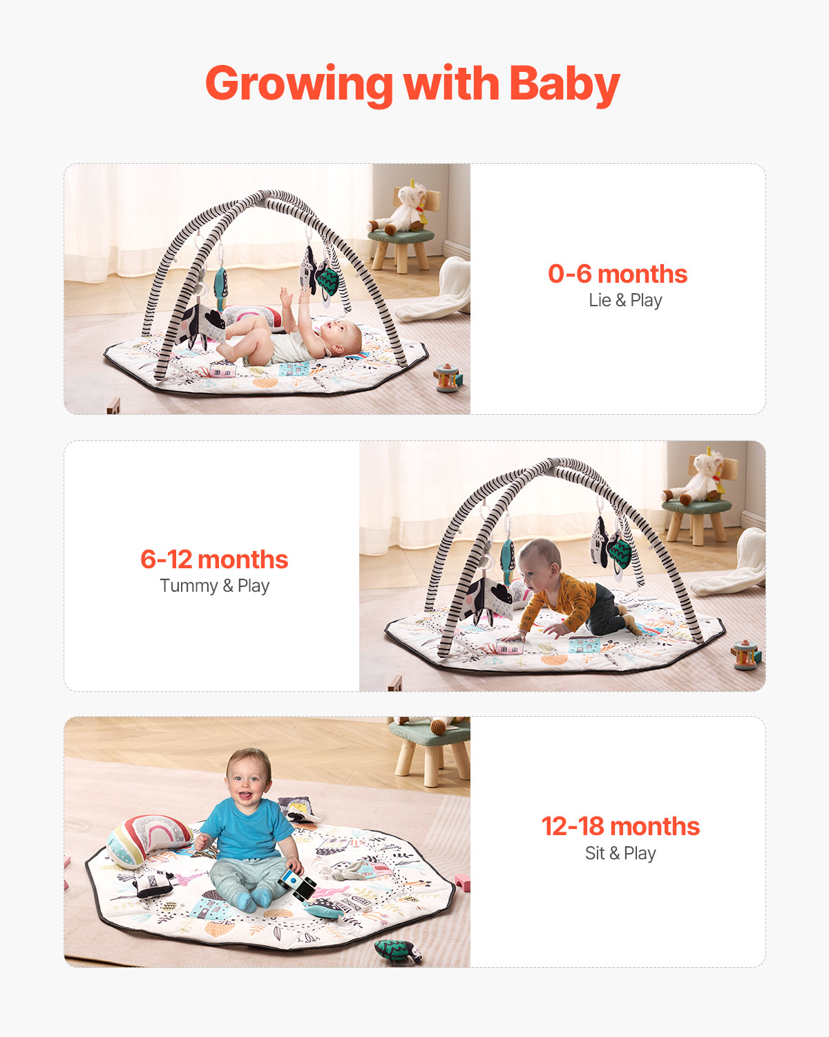 VEVOR Baby Play Gym Mat Tummy Time Activity Mat with 6Sensory Toys 41.7" x 41.7"