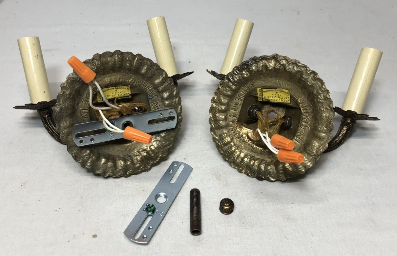 Vtg Wall Sconce Pair Brass Light Fixture French Art Glass Prism Spain MCM #L10