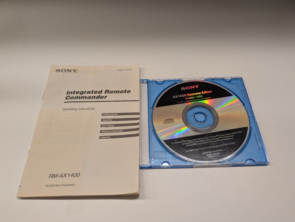 Sony RM-AX1400 Integrated Remote Commander Remote Editor 1.0 Software Disc