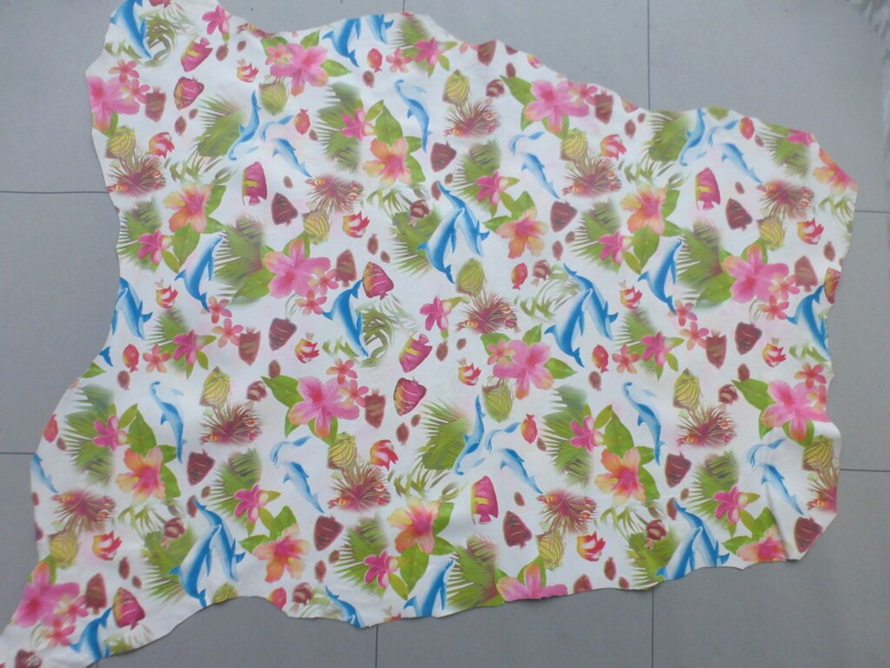 lambskin leather hide Multicolor Fish & Flowers Print on White