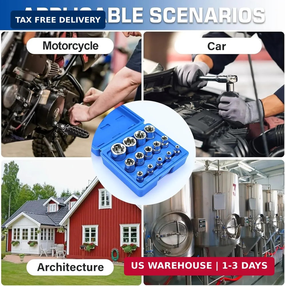 14-Piece Female E-Torx Socket Set, E4-E24 External Star Sockets, 1/4" 3/8"...