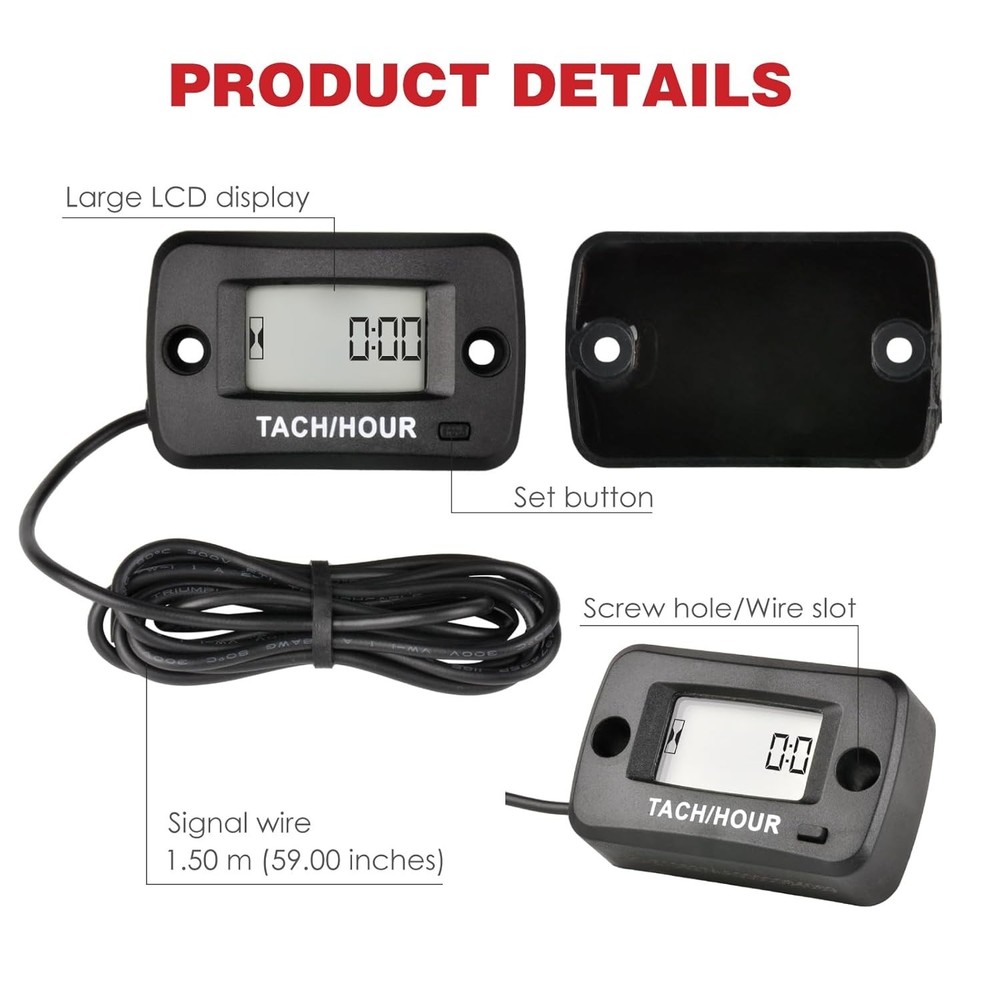Tach Hour Meter Digital LCD Inductive Tachometer Timing Self-Powered IP68 Retail