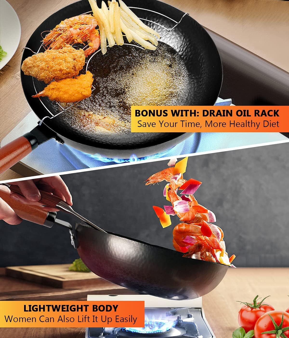 Carbon Steel Wok Pan, 14 Piece Woks &Stir-Fry Pans Set with Wooden Lid Cookwares