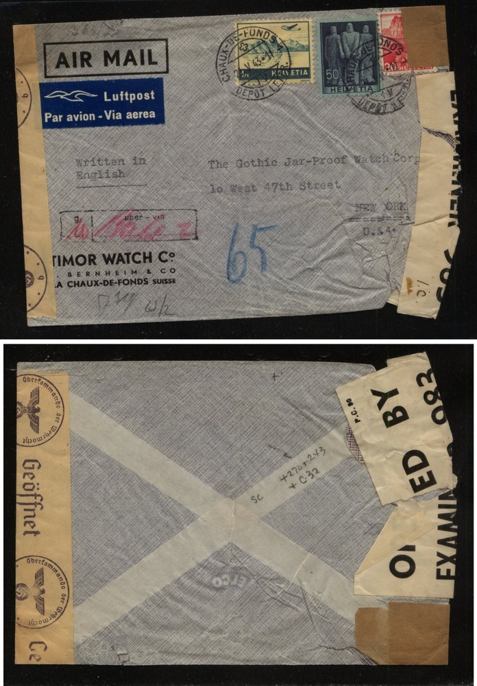 Switzerland   nice  double  censor cover  to  US         GP0509
