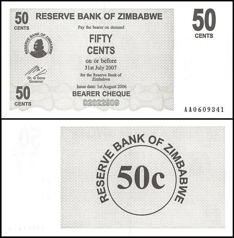 Zimbabwe 50 Cent Bearer Cheque, 2006, P-36, UNC